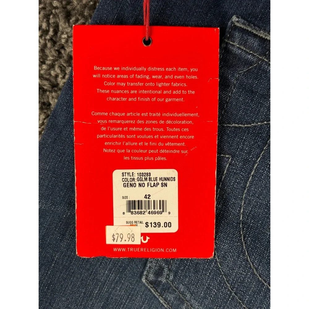 True Religion Geno Relaxed Slim Jeans Blue Hunnids Mens 42 103283 Denim NEW